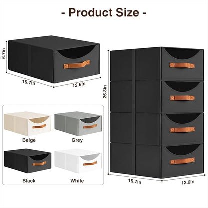 Stackable Storage Drawers - Large Collapsible Storage Bins with Drawers, 6 Pack Closet Shelf Organizer Basket, Fabric Pull Out Organizer for Bedroom, Living Room, Dorm, Black