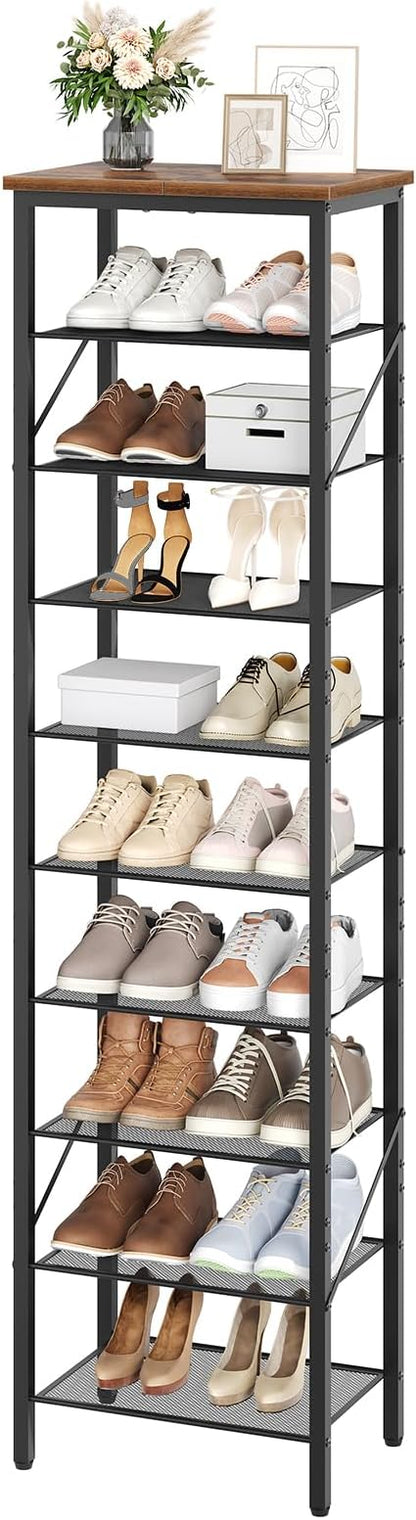 10-Tier Narrow Shoe Rack, Vertical Shoe Storage Organizer, for 12-24 Pairs, Shoe Shelf with Metal Frame, for Hallway, Entryway, Living Room, Rustic Brown and Black SRHR11401