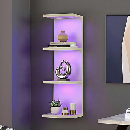 4-Tier Wall Shelf Unit with RGB Lights, Floating Lack Shelf for Home Decor, Wall Mounted Vertical Display Shelf for Bedroom Living Room Vanity, White