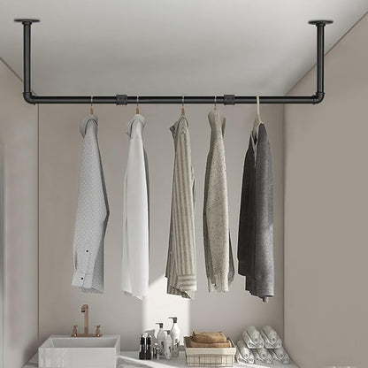 Industrial Iron Pipe Clothes Hanging Bar DIY Wall-Mounted Garment Rack Heavy Duty Clothing Rack for Bedroom, Laundry Room, Closet Storage (Black 40 inch)