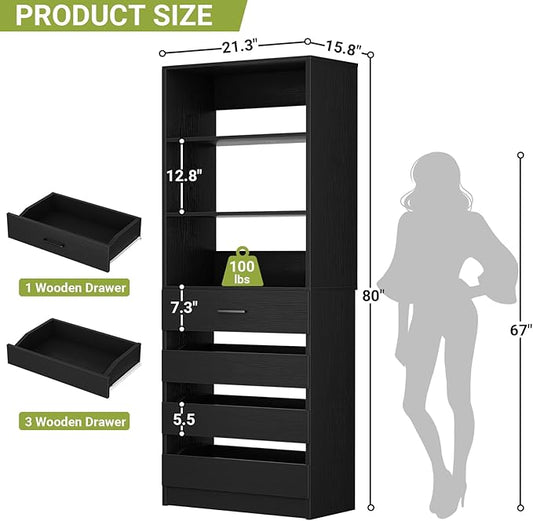 Aheaplus 21.3" Closet System with 4 Drawers, Wood Closet Organizer with Open Shelves, Modular Drawers System Tower, Walk-in Small Wardrobe Rack, Tall Storage Cabinet Unit, Black
