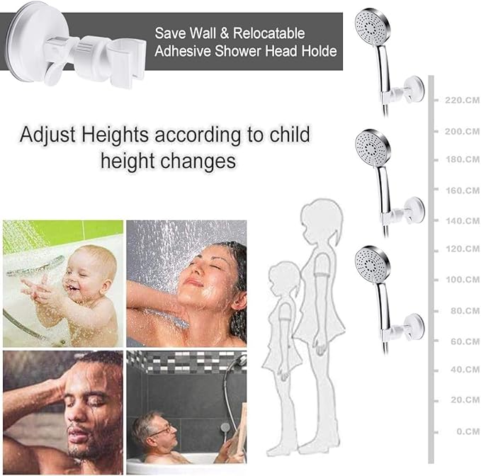 OUO Adjustable Shower Head Holder, Bathroom Suction Cup Handheld Shower Head Bracket, Removable Handheld Showerhead & Wall Mounted Suction Bracket (Pure White)