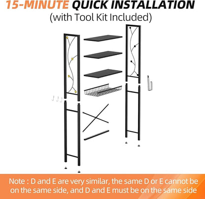 Over-The-Toilet Storage Rack, 4-Tier Bathroom Organizer Shelf Over Toilet with Adjustable Shelf and Basket, Freestanding Space Saver Bathroom Shelves Above Toilet for Room (Pure Black)