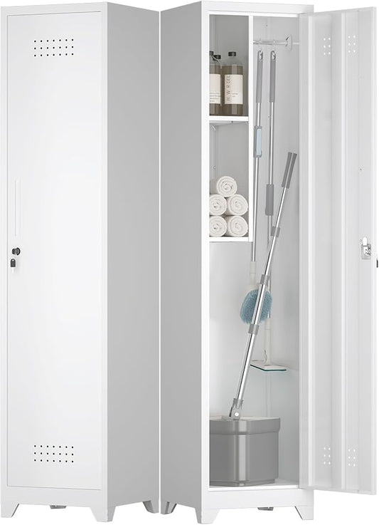 Slim Broom Closet Storage Cabinet, 65" H Metal Cabinets with Lock and Shelves & S-Hooks, Utility Closet, Narrow Storage Cabinets for Home Office, Pantry, Bathroom, Garage, White