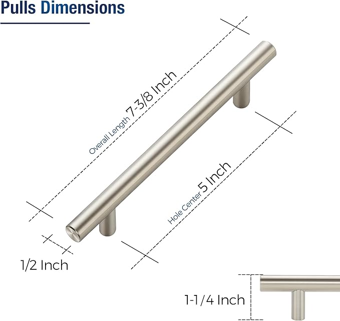 JOY DECOR 60 Pack Cabinet Handles, Brushed Nickel Cabinet Pulls, 5 in Hole Center Kitchen Cabinet Handles, Stainless Steel T Bar Handles for Dresser Drawers