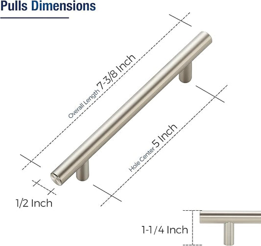 JOY DECOR 10 Pack Cabinet Handles, Brushed Nickel Cabinet Pulls, 5 in Hole Center Kitchen Cabinet Handles, Stainless Steel T Bar Handles for Dresser Drawers