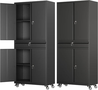 Metal Garage Storage Cabinet with 4 Wheels,Lockable Storage Cabinet with Adjustable Shelves and 1 Drawer,Rolling Tool Cabinet for Workshop Garage and School(Black)