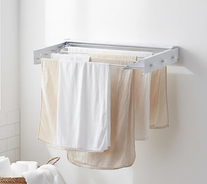 Wall Mounted Clothes Drying Rack, 32" Space Saving Foldable Laundry Drying Rack with Wall Template for Bathroom, Apartment, College Dorm (White Shelf with 5 Rods and 6 Hooks)