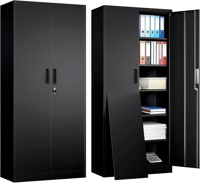Metal Garage Storage Cabinets,71” Tall Metal File Cabinet with 5 Adjustable Shelves, Lockable Storage Cabinets for Office, Home, Garage, Warehouse 71" H x 32" W x 16" D (Black)