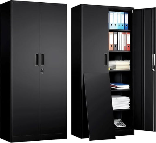 Metal Garage Storage Cabinets,71” Tall Metal File Cabinet with 5 Adjustable Shelves, Lockable Storage Cabinets for Office, Home, Garage, Warehouse 71" H x 32" W x 16" D (Black)