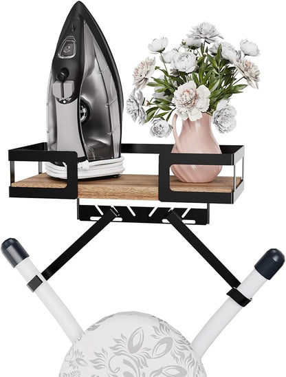 Wall Mount Ironing Board Holder - Heavy Duty Metal Hanger with Storage Hooks, Space Saving Organizer for Laundry Room, Garage, Door - Black