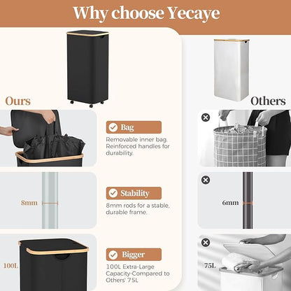 Yecaye 100L Large Capacity Laundry Hamper – Foldable Rolling Laundry Basket, Mobile Clothes Hamper with Wheels, Removable Inner Bag, Bamboo Handle Lid Laundry Bin – Multi-Use Storage, Black