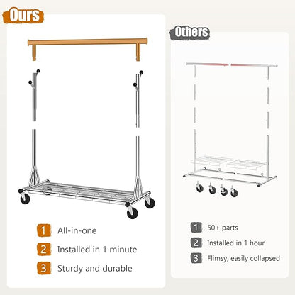Heavy Duty Clothes Rack Load 530 lbs, Metal Rolling Clothing Rack With Sturdy Wheel And Shelves, Adjustable Portable Hanging Garment Rack For Clothes,Chrome Stainless Steel