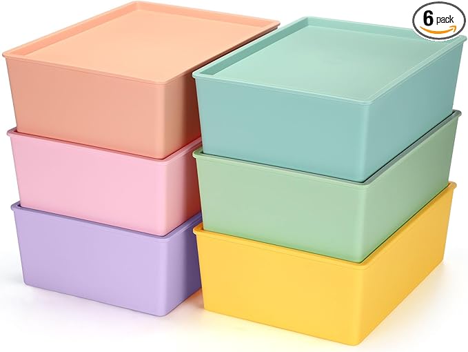 Menkxi 6 Pcs Large Plastic Storage Bins with Lids 14.4 x 10.4 x 5.1 Inch Stackable Storage Containers Decorative Cubby Organizer for Clothes Shelves Garage Closet Office (Mixed)