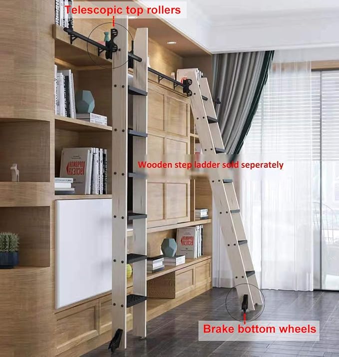 DIYHD 8FT Sliding Library Ladder Black Track Kit,Stand Up Tensible Rolling Hardware,Brake Bottom Wheels