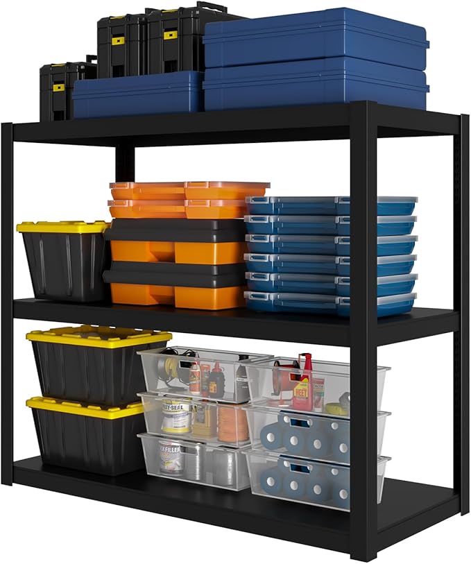 Shelving Units and Storage, 1800LBS Garage Storage Shelves, 3 Tier Shelving Unit, Steel Industrial Shelving, Adjustable Standing Shelf for Garage, Home, Warehouse 36" H x 36" W x 16" D, Black