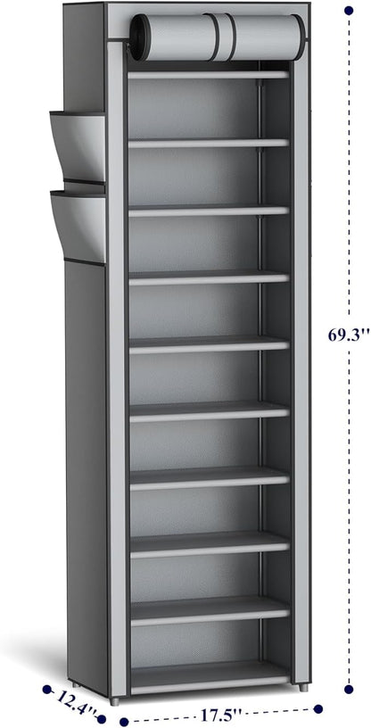 Kitsure Shoe Rack - 10-Tier Large Capacity Shoe Organizer Shelf with Dust Cover & Side Pockets, Rust-Proof Metal Shoe Rack for Closet, Entrance, Living Room, 17.5" x 12.4" x 69.3", Grey