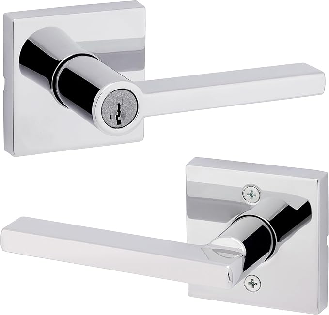 Kwikset Halifax Keyed Storeroom Entry Door Handle with Lock and Key, Secure Keyed Reversible Lever Exterior, for Front Entrance and Bedrooms, Polished Chrome, Pick Resistant Smartkey Rekey Security