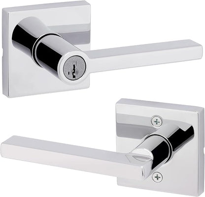 Kwikset Halifax Keyed Storeroom Entry Door Handle with Lock and Key, Secure Keyed Reversible Lever Exterior, for Front Entrance and Bedrooms, Polished Chrome, Pick Resistant Smartkey Rekey Security