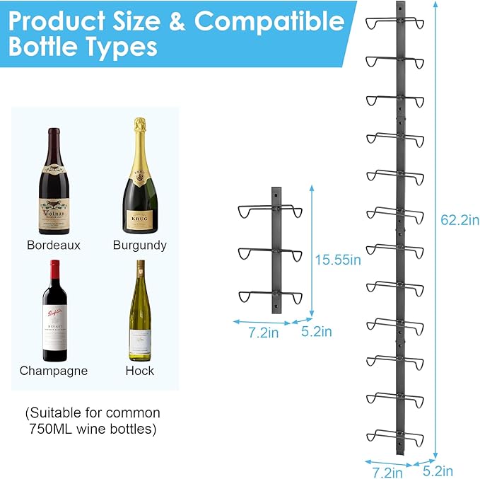 2 Pack 12 Bottle Wall Wine Rack for 24 Wine Bottles, DIY Detachable Wall Mount Wine Rack, Wine Storage Organizer Display Holder Used As One or Four, for Dining Room, Wine Cellar, wine lover gift