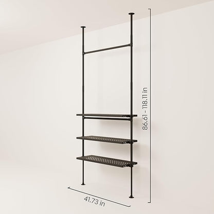 pamo Industrial Pipe Clothing Rack with Shelf - 220 lbs Capacity - Clamping Clothes Rack and Walk In Closet with Oak Shelf for Wardrobe