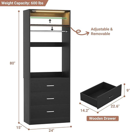 2FT Closet System with 3CCT Motion Sensor Light, 24" Closet Organizer with 3 Wooden Drawers, Closet Systems with Hanging Rod & Top Storage, Small Closets Wardrobe for Walk-in Closets, Black
