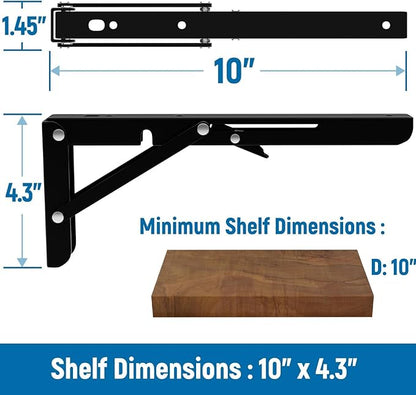 LEOPO 10 inch Folding Shelf Brackets-2 Pack Foldable Heavy Duty Triangle Collapsible Wall Mounted Brackets for Fold Down Table, Space Saving for Bench Table with Screws, Black