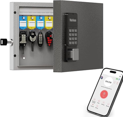 WeHere 16-Key Key Lock Box Wall Mount – Smart Key Cabinet with App, Keypad, Bluetooth & WiFi Unlock (Sold Separately), Key Organizer for Home, Access Log Tracking Key Management for Small Office