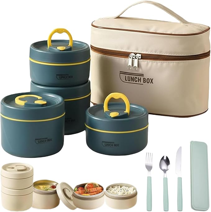 Portable Insulated Lunch Container Set, 4 Tier Separate Stackable Stainless Steel Lunch Container with Insulated Lunchs Bag, Bento Box Hot Food Lunch Containers to Microwave (Blue, 4-Tier)