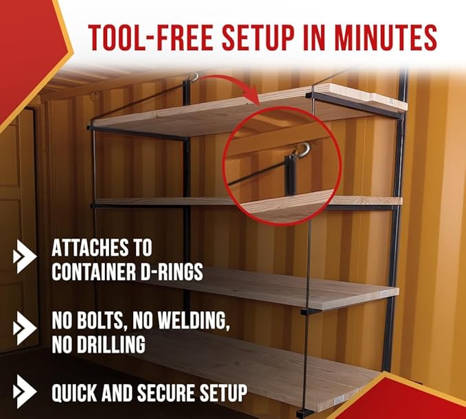 Mytee Products 8 Pack 4 Tier Shipping Container Shelving Bracket with Hooks - 19" x 77-1/2", 551 lbs WLL - Black Powder Coated Steel for Heavy Duty Trailer Containers - Easy to Assemble & Remove