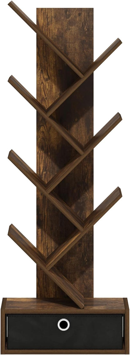 Furinno Tree Book Shelf, 7-Tier Bookshelf, Tree Bookcase with Bin Drawer, 8.4 x 16.9 x 46.2, for Living Room, Bedroom, Home Office, Amber Pine/Black