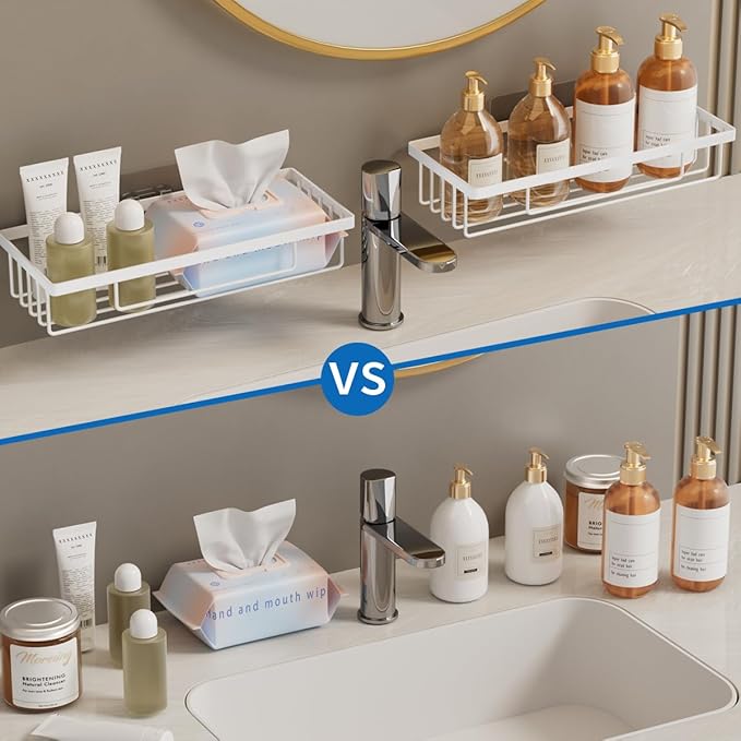 Wall Mounted Bathroom Organizer Set, White, 3-Tier Storage Basket Shelves with Soap Holder, Toothbrush Cup, Hooks for Toiletries, Adhesive Installation
