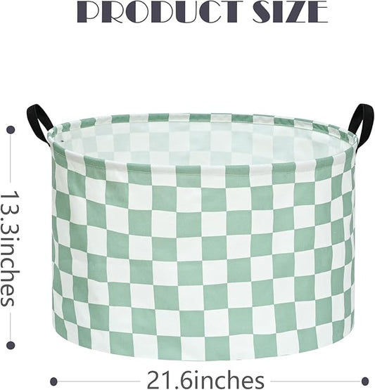 Sage Checkered Storage Basket Extra Large 80L Kids Hamper Baby Laundry Basket Waterproof Toys Car Organizer Collapsible Canvas for Home/Dorm/Pet/Office/Closet/Shelf/Gift Baskets