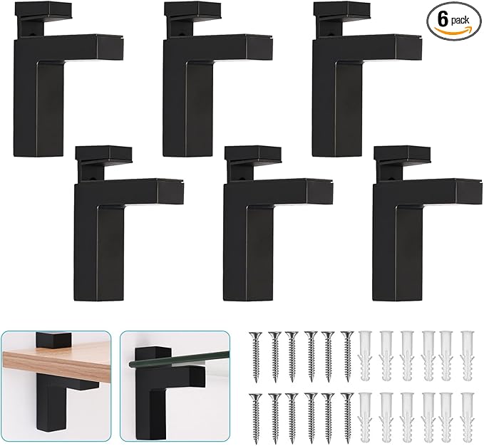 Adjustable Glass/Wood Shelf Brackets 6 Pcs Heavy Duty Zinc Alloy Clamp Holders for 3~28mm Thickness, Wall Mount Support for Bathroom Kitchen Garden, Rust Resistant