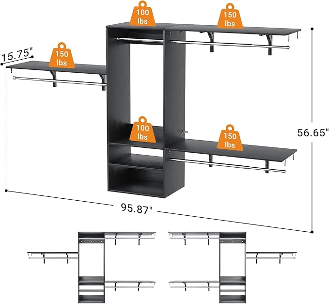 96 Inch Hanging Closet System, 8 FT Closet Organizer System with Hanging Rod, Walk In Mounted Closet System, Built-In Clothes Garment Rack with 3 Shelving Towers(Can Be Cut To Fit), Black