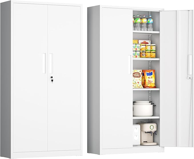 INTERGRAET 63" H Pantry Cabinet, Kitchen Pantry Storage Cabinets with 2 Doors and 4 Shelves,White Metal Storage Cabinet,Cupboard for Home,Kitchen,Living Room/Dining