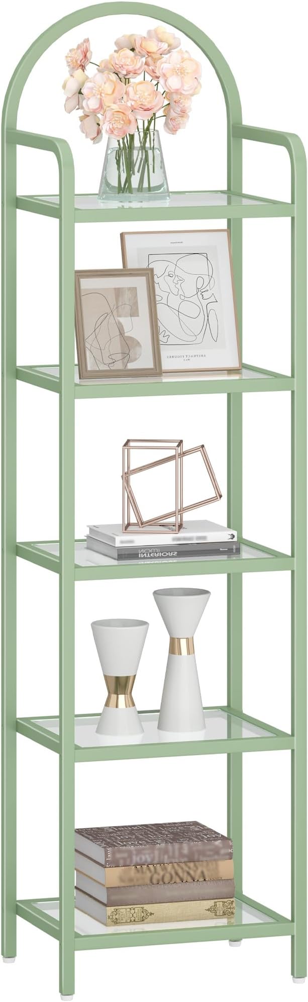 Bookcase Bookshelf, Tempered Glass Bookshelves, Slim Shelving Unit for Bedroom, Bathroom, Home Office, Steel Frame, 5 Tier Green BC05099C