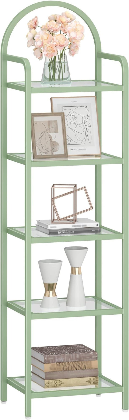 Bookcase Bookshelf, Tempered Glass Bookshelves, Slim Shelving Unit for Bedroom, Bathroom, Home Office, Steel Frame, 5 Tier Green BC05099C