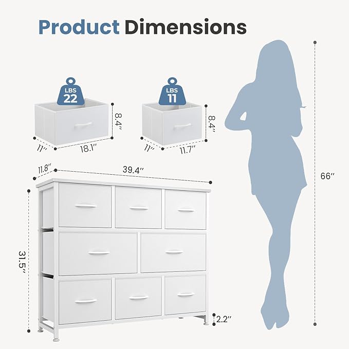 DUMOS TV Stand, Dresser with 8 Fabric Drawers, Spacious Storage Tower for Closet, TV Stand with Wood Top and Mental Frame, Storage Unit for Living Rooms, Bedroom and Entryway, White