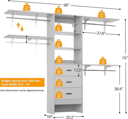 Closet System with 3 Drawers - 8FT Wood Closet Organizer with 3 Shelving Tower & Hanging Rods, 96" Walk-in Wardrobe Closet Organizer System for 4-8FT Spaces, Heavy Duty Garment Clothes Rack, Grey