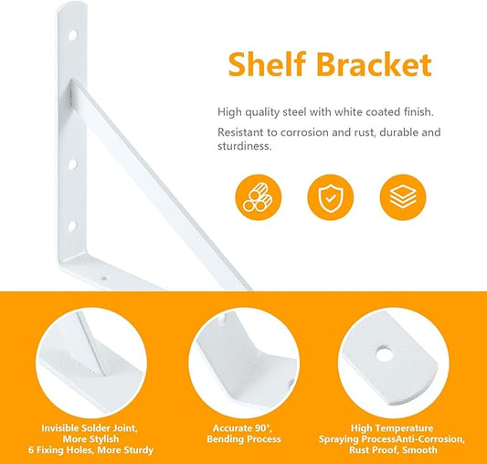 Heavy Duty Shelf Brackets 12 x 8 inches, Metal Shelves Supports, Load Capacity: 600 lb, 90 Degree Wall Mounted Angle L Floating Shelf Bracket with Screws,White 6 Pack HOME MASTER HARDWARE