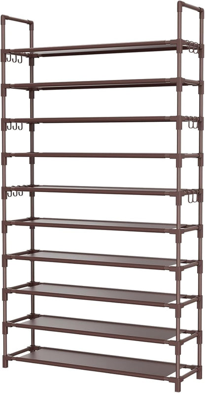 Tall Shoe Rack 10 Tier Shoe Organizer Large Shoe Shelf with 18 Hooks Storage for 50 Pair Sneaker and Boot, Stackable Vertical Shoe Rack Organizer for Closet, Entryway, Bedroom, Brown