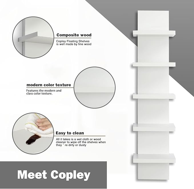 5 Tier Wall Shelves White, Vertical Column Shelf Floating Storage Home Decor Organizer Tall Tower Design Utility Shelving Bedroom Living Room, 30.7, 31