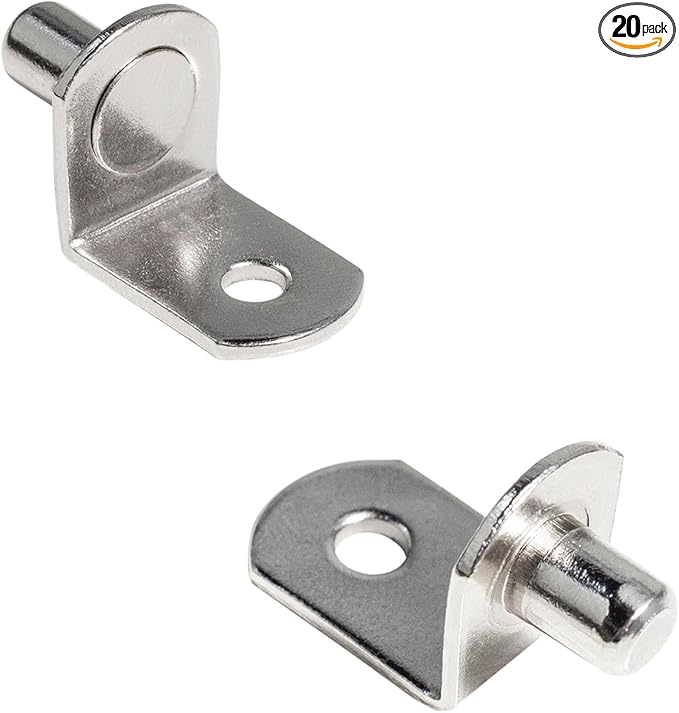 1/4 Inch (6.35mm) Shelf Pins L-Shaped Metal Support Pegs Bracket-Style Clips for Bookshelf Kitchen Cabinet Cupboard Shelves Holders, 20 PCS Nickel Plated Silver