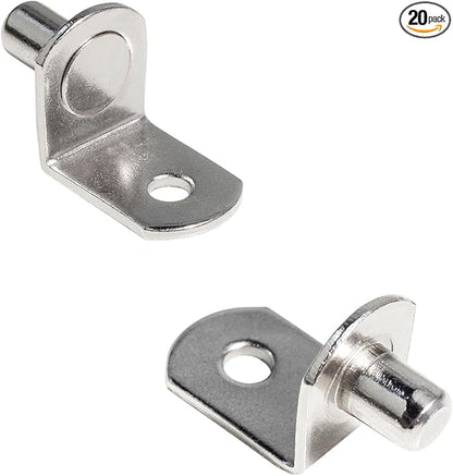 1/4 Inch (6.35mm) Shelf Pins L-Shaped Metal Support Pegs Bracket-Style Clips for Bookshelf Kitchen Cabinet Cupboard Shelves Holders, 20 PCS Nickel Plated Silver