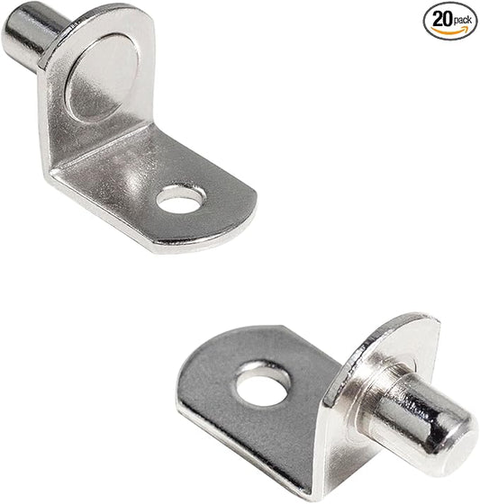 1/4 Inch (6.35mm) Shelf Pins L-Shaped Metal Support Pegs Bracket-Style Clips for Bookshelf Kitchen Cabinet Cupboard Shelves Holders, 20 PCS Nickel Plated Silver