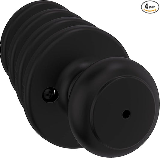 Kwikset Cove Interior Privacy Door Knob with Lock, Door Handle for Bathroom and Bedroom, Matte Black Keyless Turn Lock Doorknob (Pack of 4)