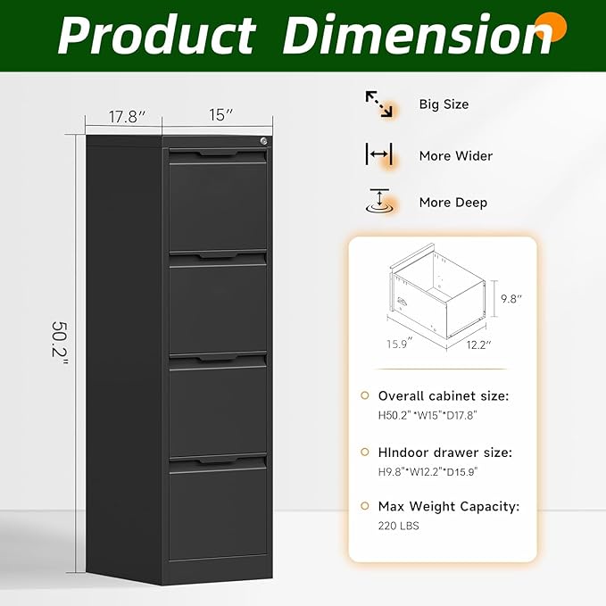 4 Drawer File Cabinet, Tall Vertical Filing Cabinets for Home Office, Locking Metal File Cabinet for Letter/Legal/A4/F4 Size, Assemble Required