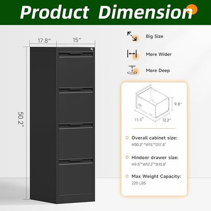 4 Drawer File Cabinet, Tall Vertical Filing Cabinets for Home Office, Locking Metal File Cabinet for Letter/Legal/A4/F4 Size, Assemble Required