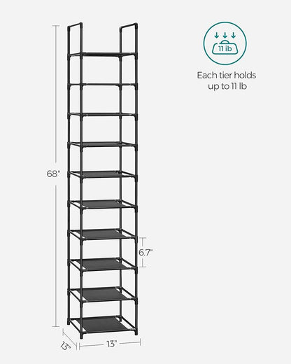 SONGMICS Shoe Rack, 10-Tier Shoe Shelf, Shoe Storage Organizer, 13 x 13 x 68 Inches, Metal Frame, Non-Woven Fabric Shelves, for Entryway, Bedroom, Black ULSR110B02